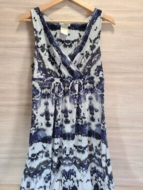 Matty M Maxi Dress M Blue White Abstract Print Sleeveless Empire Waist Summer